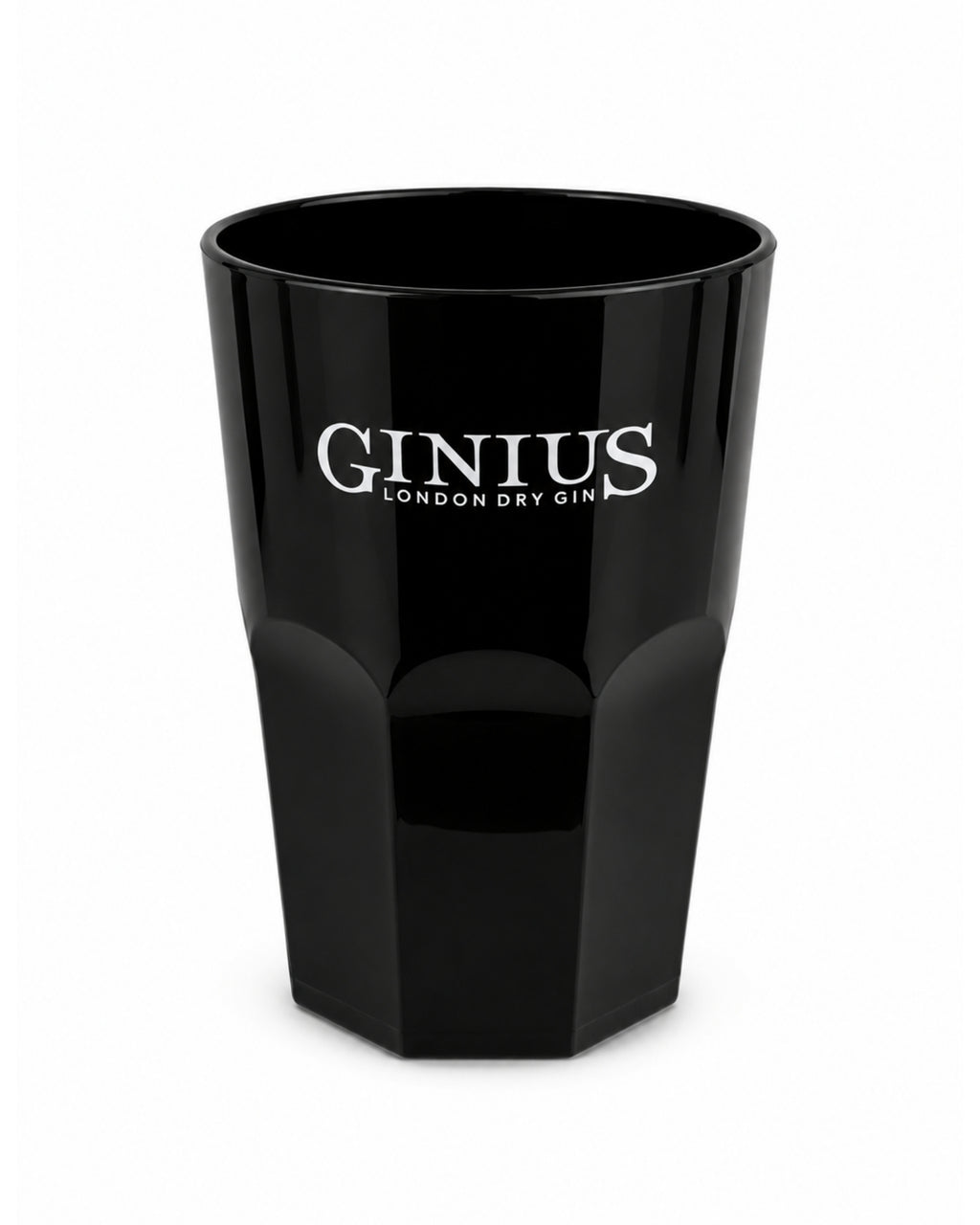 Black glass with 'GINIUS London Dry Gin' branding on a white background