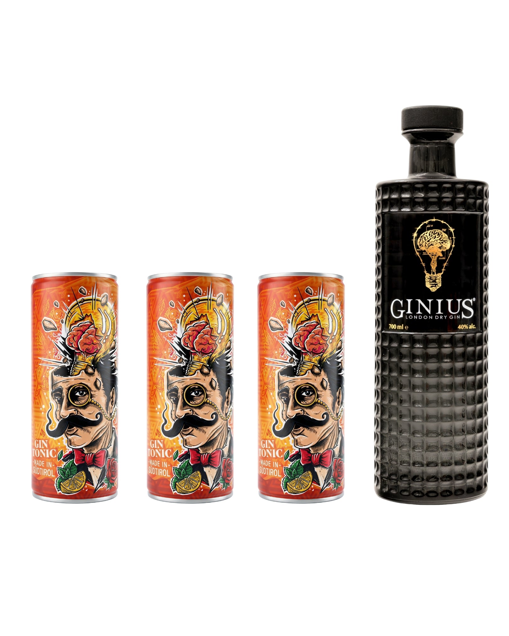 Ginius gin bottle with three cans of ginius gin and tonic